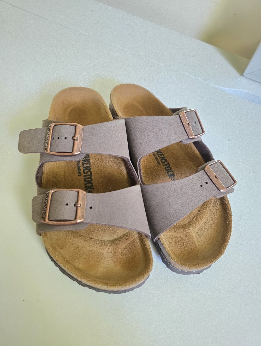 Birkenstock Kids Double-Buckle Sandals in Taupe with Rose Gold Buckles